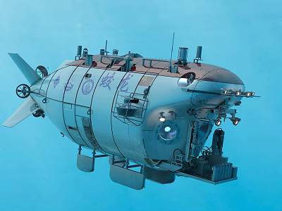 Deep Sea Submersible with Exploration Equipment and Observation Windows Underwater 3d model