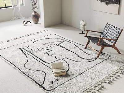 Modern Accent Chair With Wooden Frame In Living Room Featuring Abstract Face Pattern Rug 3d model