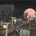 Mysterious Night Garden Landscape With Stone Path Tombstones Lanterns And Full Moon