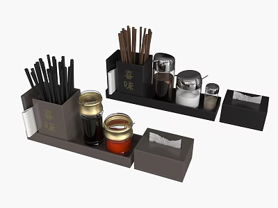 Chinese Tableware Set with Chopsticks Condiment Jars Tissue Box and Black Storage Boxes 3d model