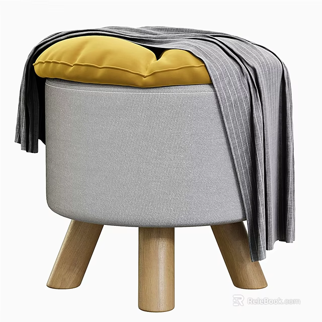 Modern Gray Sofa Stool With Yellow Cushion And Gray Striped Blanket On Wooden Legs 3d model 