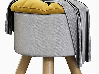 Modern Gray Sofa Stool With Yellow Cushion And Gray Striped Blanket On Wooden Legs 3d model