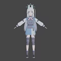 3D Anime Character With White Long Hair Blue Gray Outfit Mechanical Armor In Lying Pose