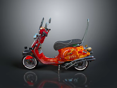 Stylish Red Scooter With Orange Flame Patterns Black Seat And Reflective Details 3d model