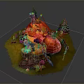 Magical Scenic Landscape With Large Pumpkins Green Grass Magic Cauldron And Small Trees