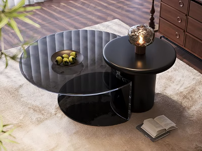 Modern Black Coffee Table With Glass Top Metal Lamp Open Book And Fruit Tray 3d model