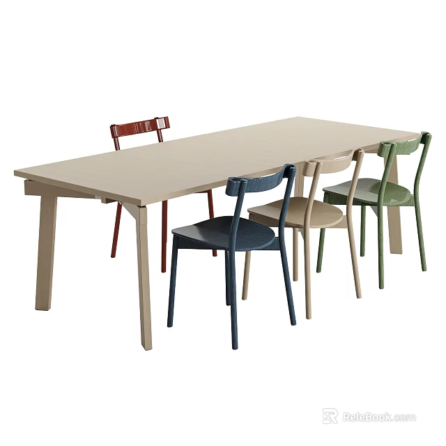 Modern Wooden Dining Table Set With Colorful Chairs And Simple Design 3d model 
