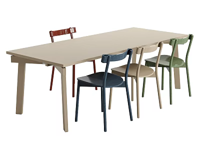 Modern Wooden Dining Table Set With Colorful Chairs And Simple Design 3d model