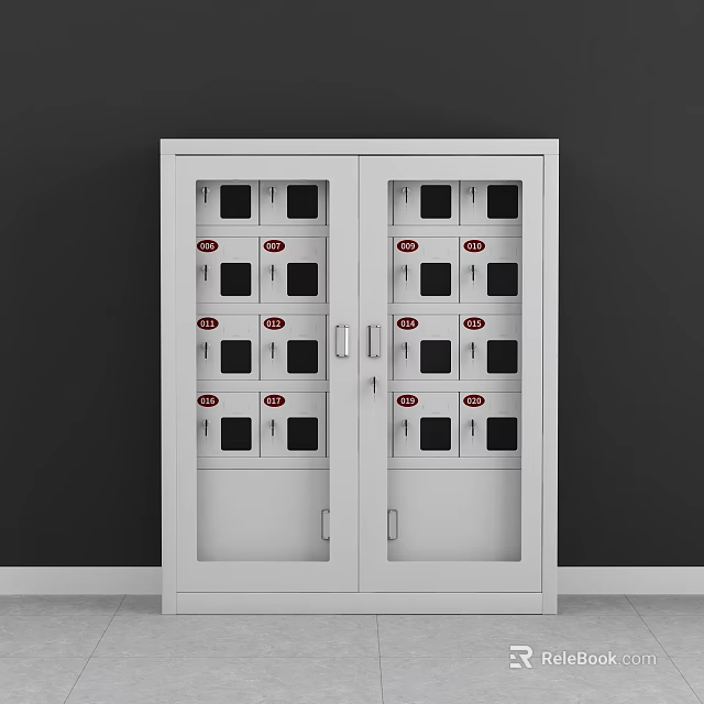 White Double Door Storage Cabinet with Multiple Black Compartments and Red Labels 3d model