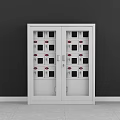 White Double Door Storage Cabinet with Multiple Black Compartments and Red Labels 3d model