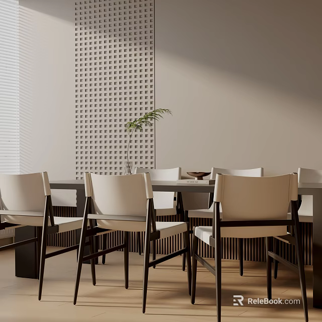 Minimalist Dining Table Set With Light Colored Chairs Wooden Table Perforated Wall And Potted Plant 3d model 