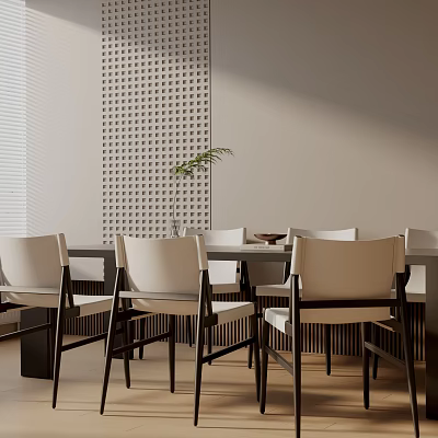 Minimalist Dining Table Set With Light Colored Chairs Wooden Table Perforated Wall And Potted Plant 3d model