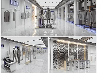 Spacious Modern Clothing Store Interior With Hanging Clothes Mannequins And Display Racks 3d model