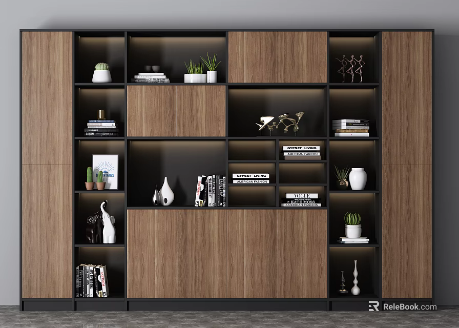 Contemporary Wooden Multi Tiered Bookcase With Books Decorative Ornaments And Small Potted Plants 3d model 
