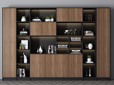 Contemporary Wooden Multi Tiered Bookcase With Books Decorative Ornaments And Small Potted Plants 3d model