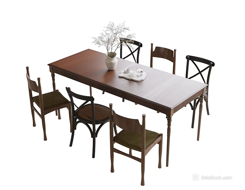 Wooden Dining Table And Cross Back Chairs Set With Decorative Vase 3d model