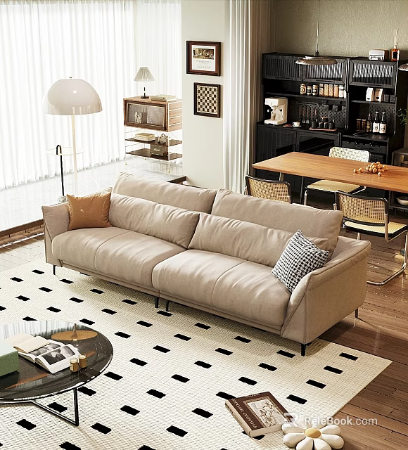 Beige Double Sofa with Brown and Checkered Pillows on Black White Checkered Rug 3d model 