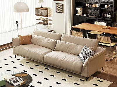 Beige Double Sofa with Brown and Checkered Pillows on Black White Checkered Rug 3d model