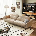Beige Double Sofa with Brown and Checkered Pillows on Black White Checkered Rug