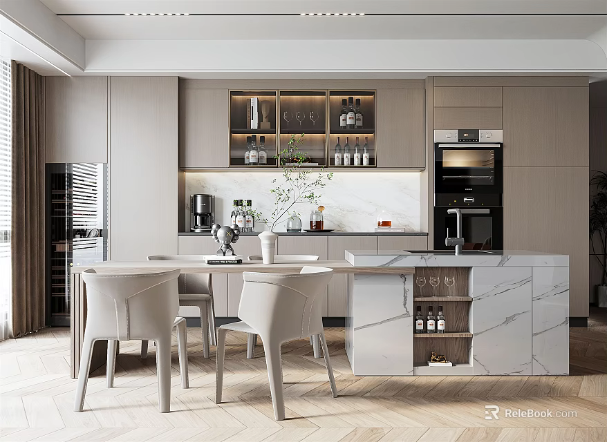 Modern Restaurant Open Concept Kitchen With Dining Table Chairs Cabinets And Appliances 3d model 