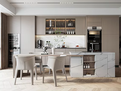 Modern Restaurant Open Concept Kitchen With Dining Table Chairs Cabinets And Appliances 3d model