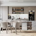Modern Restaurant Open Concept Kitchen With Dining Table Chairs Cabinets And Appliances 3d model