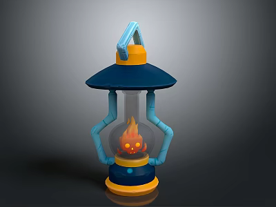 Colorful Decorative Lantern With Blue Handle Transparent Glass And Flame Skull Design 3d model