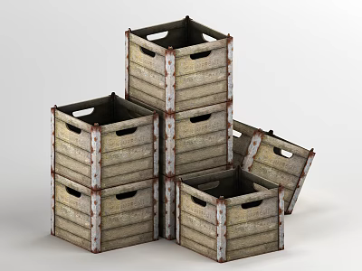 Rustic Wooden Storage Baskets With Metal Trim For Organizing And Stacking 3d model