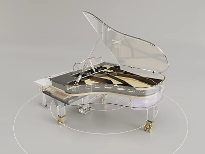 Modern Elegant Transparent Acrylic Piano With Black Keys And Gold Wheels 3d model