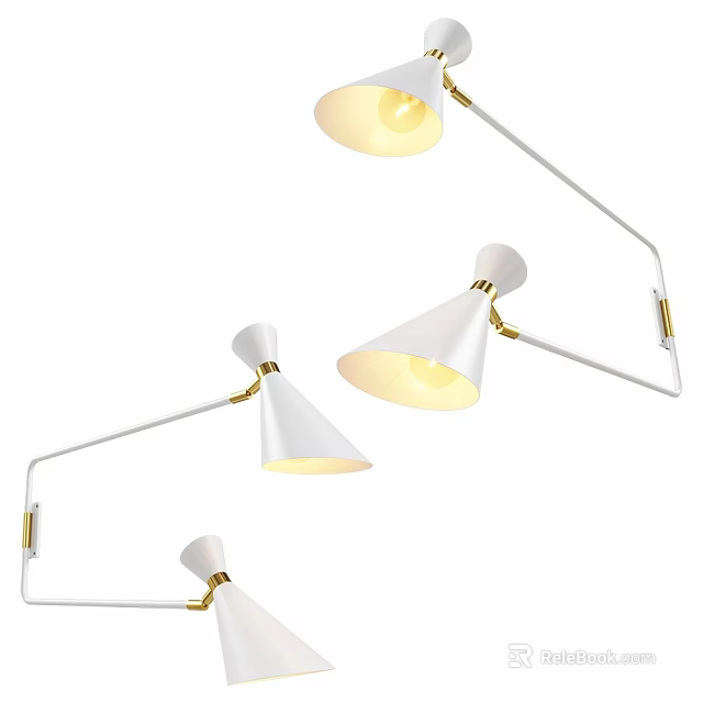 Modern Wall Sconces with Adjustable Metal Arms White Conical Shades and Gold Accents 3d model 