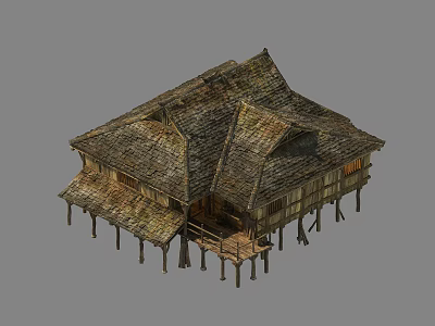 Traditional Rustic Wooden House With Thatched Roof Stilted Structure And Wooden Frame 3d model