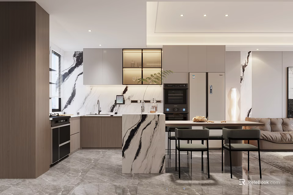 Modern Restaurant Interior Design With Marble Counter Island And Dining Chairs 3d model