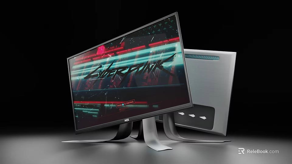 Curved Computer Monitor Displaying Cyberpunk Graphics With Modern Sleek Desktop PC Tower 3d model 