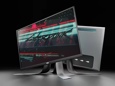 Curved Computer Monitor Displaying Cyberpunk Graphics With Modern Sleek Desktop PC Tower 3d model