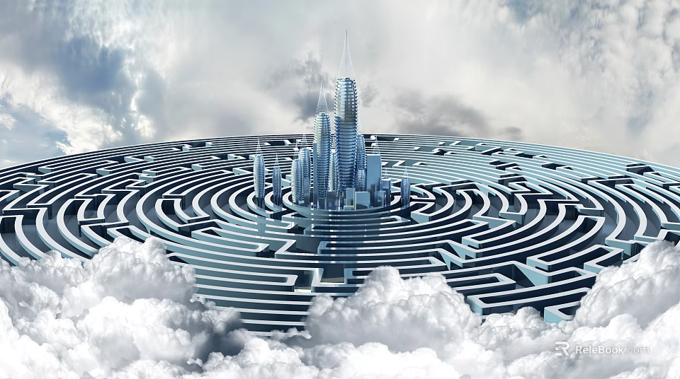 Cartoon Scene of Giant Spiral Maze Surrounded by Fluffy Clouds With Central Modern Skyscrapers 3d model 