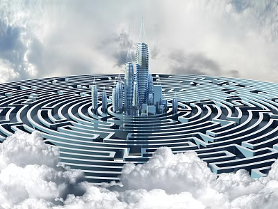 Cartoon Scene of Giant Spiral Maze Surrounded by Fluffy Clouds With Central Modern Skyscrapers 3d model
