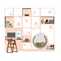 Kids Bookshelf With Black Dot Design Multiple Compartments Round Opening Toys Books And Small Desk