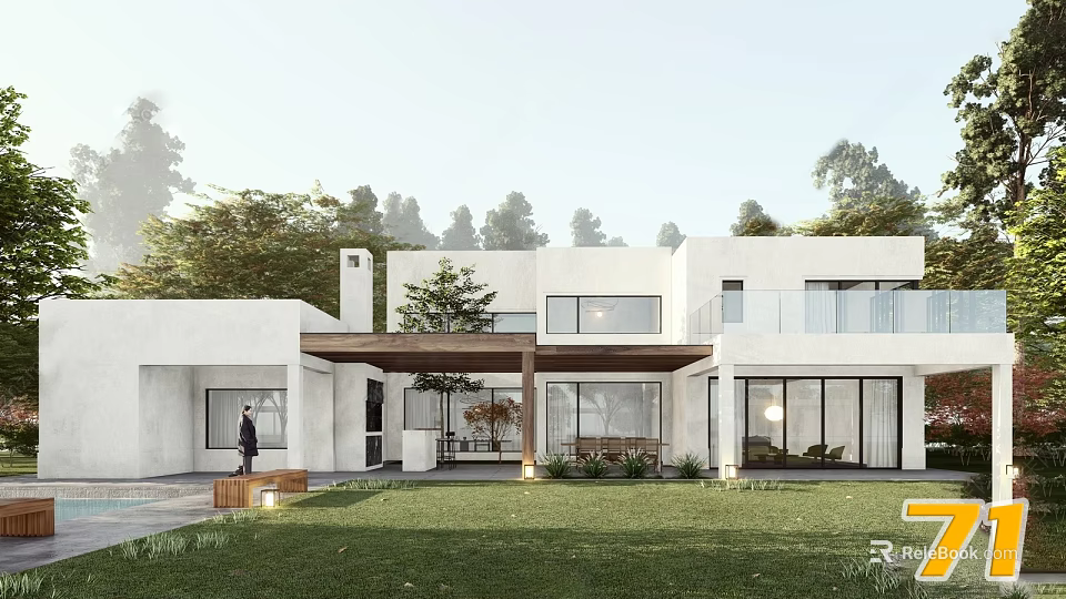 Modern Detached Villa With White Exterior Large Windows Wooden Pergola And Green Lawn 3d model 