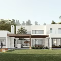 Modern Detached Villa With White Exterior Large Windows Wooden Pergola And Green Lawn