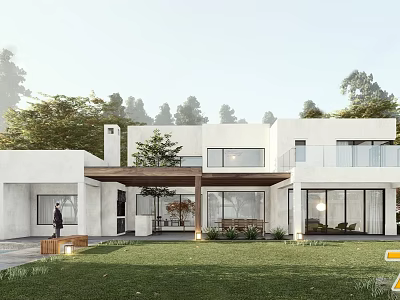 Modern Detached Villa With White Exterior Large Windows Wooden Pergola And Green Lawn 3d model