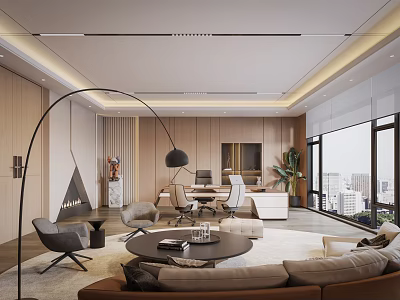 Modern Office Interior Design With Sofa Work Desk Floor Lamp Plants Large Windows City View 3d model