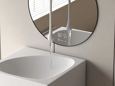Modern Bathroom Faucet With White Sink Round Mirror And Water Droplets 3d model