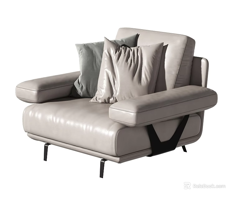 Light Gray Leather Single Sofa With Modern Design And Decorative Pillows 3d model