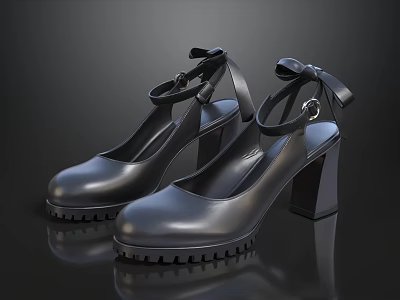 Black Leather High Heels With Block Heel Bow Detail And Ankle Strap 3d model