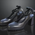 Black Leather High Heels With Block Heel Bow Detail And Ankle Strap