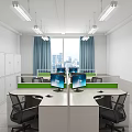 Open Plan Public Office Space with Green Partitions Multiple Workstations Computers Windows and City View 3d model