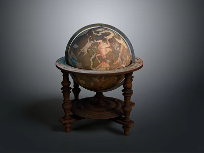 Vintage Decorative Globe With Ornate Wooden Stand And Hand Painted Illustrations 3d model