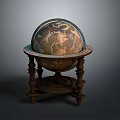 Vintage Decorative Globe With Ornate Wooden Stand And Hand Painted Illustrations