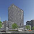 Modern Office Building With Glass Curtain Walls Surrounding Buildings Trees And Street Vehicles