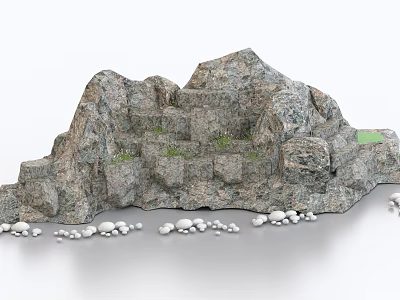 Natural Stone Rock Structure With Wooden Accents And Green Moss For Garden Decor 3d model